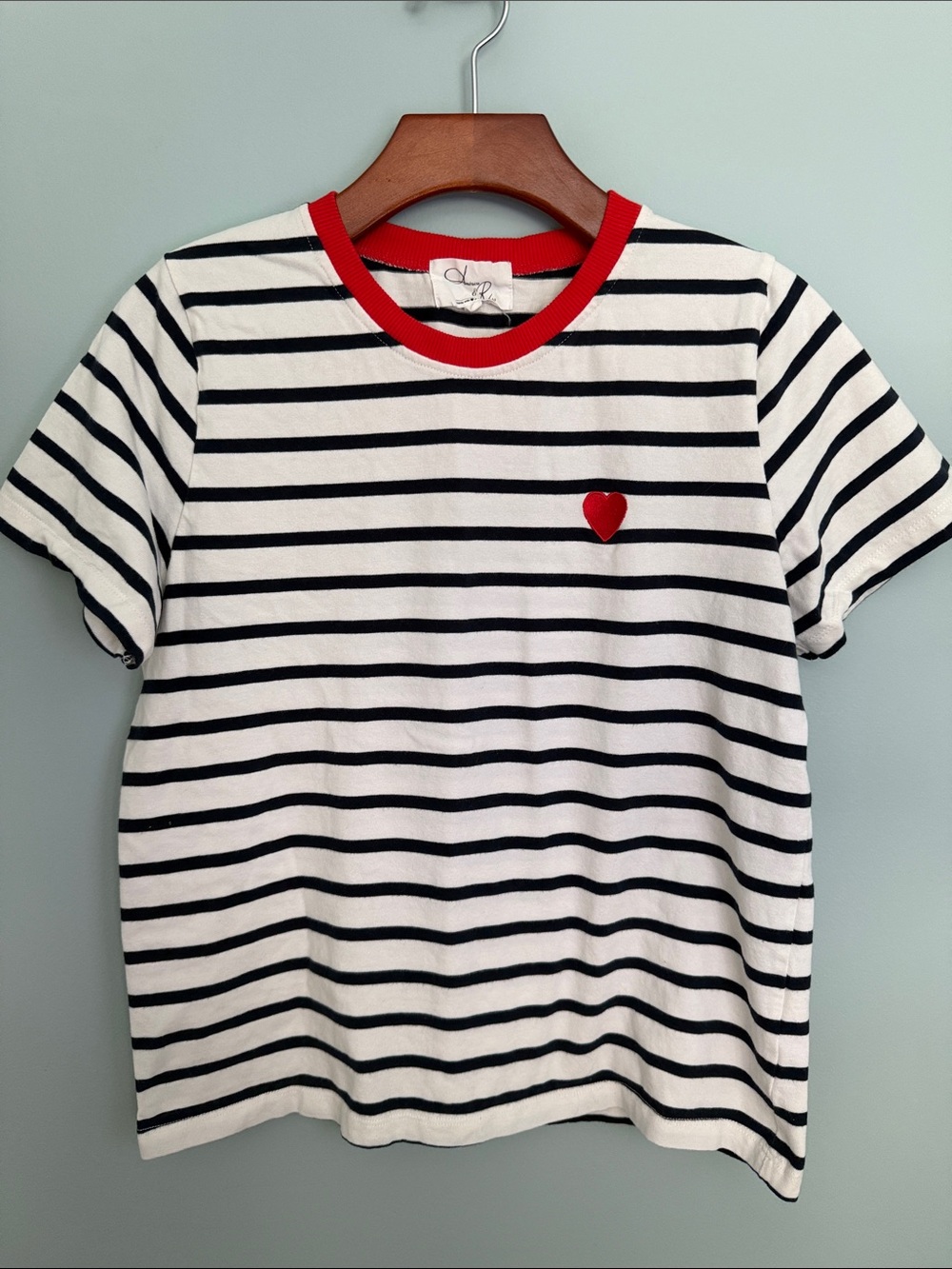 Women’s Navy, Red & White Striped Tee with Heart Accent